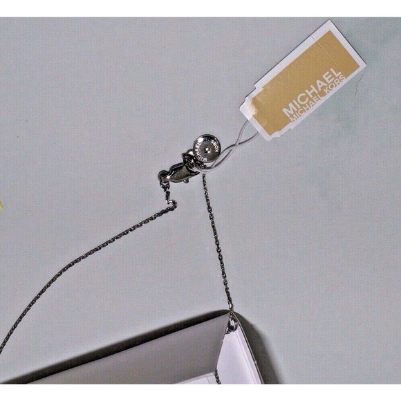 Michael Kors Iconic Cut-Out MK Logo w/ Crystals Pendant Necklace Silver New Tg - Picture 4 of 8